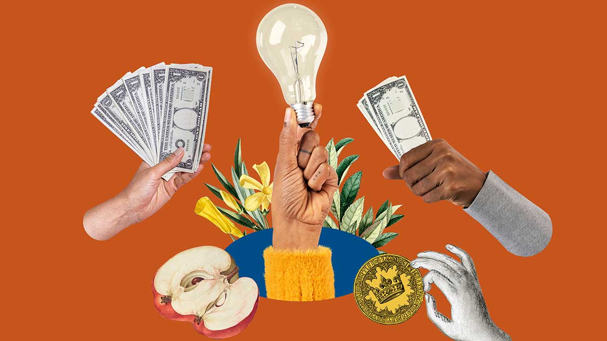 Ilustración con manos con billetes y otros motivos