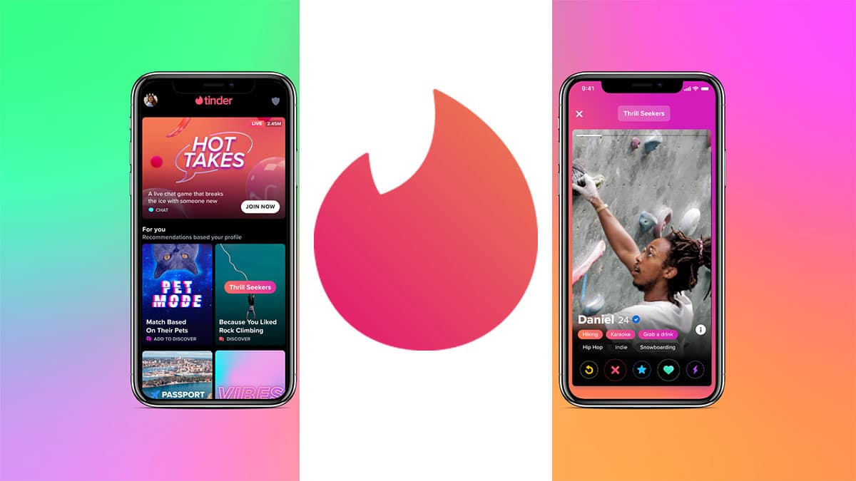 Logo de Tinder junto a móviles con interfaces de la aplicación