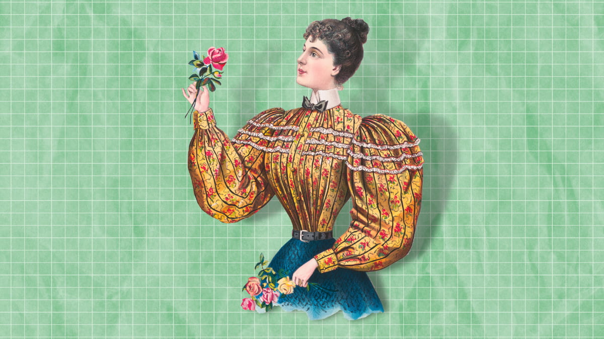ilustracion vintage de mujer con rosas en las manos