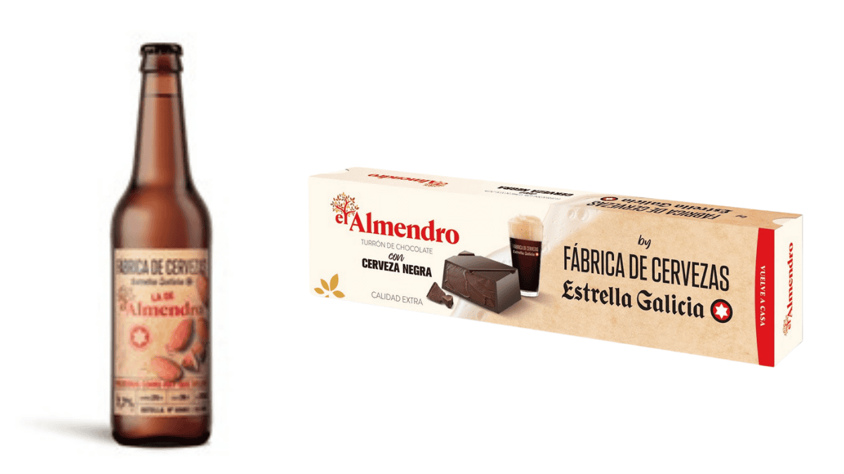 Cerveza Estrella Galicia y El Almendro turron chocolate negro
